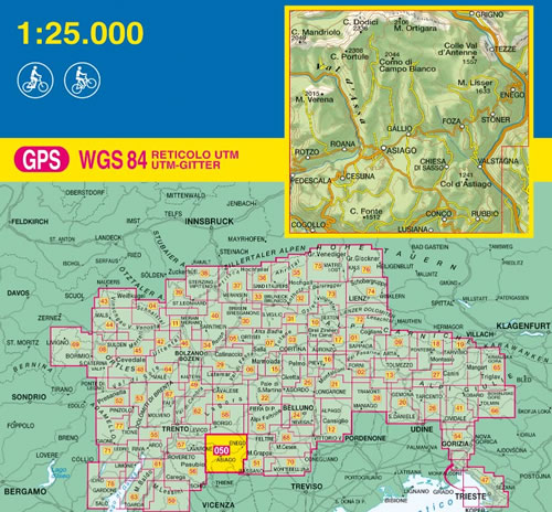 immagine di mappa topografica mappa topografica n.050 - Altopiano dei Sette Comuni - con Asiago, Gallio, Roana, Lusiana, Val d' Assa, Enego - con reticolo UTM compatibile con sistemi GPS - edizione 2020