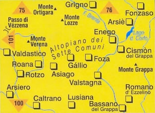 immagine di mappa topografica mappa topografica n.78 - Altopiano dei Sette Comuni, Bassano del Grappa, Monte Grappa, M. Lozze, Passo di Vezzena, M. Verena, Arsiero, Caltrano, Grigno, Valstagna - con sentieri CAI, percorsi MTB, vie ferrate e funivie - nuova edizione