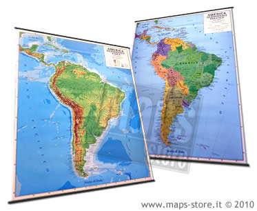 immagine di mappa murale mappa murale America del Sud - mappa murale plastificata con aste - cartografia fisica e politica (stampata fronte/retro) - 102 x 139 cm