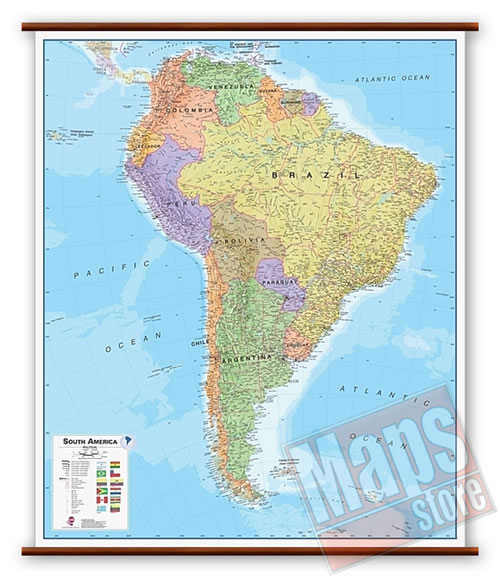 immagine di mappa murale mappa murale America del Sud - mappa murale plastificata, laminata, scrivibile e lavabile, con aste in legno e ganci in acciaio - con cartografia aggiornata fisico-politica - 100 x 125 cm