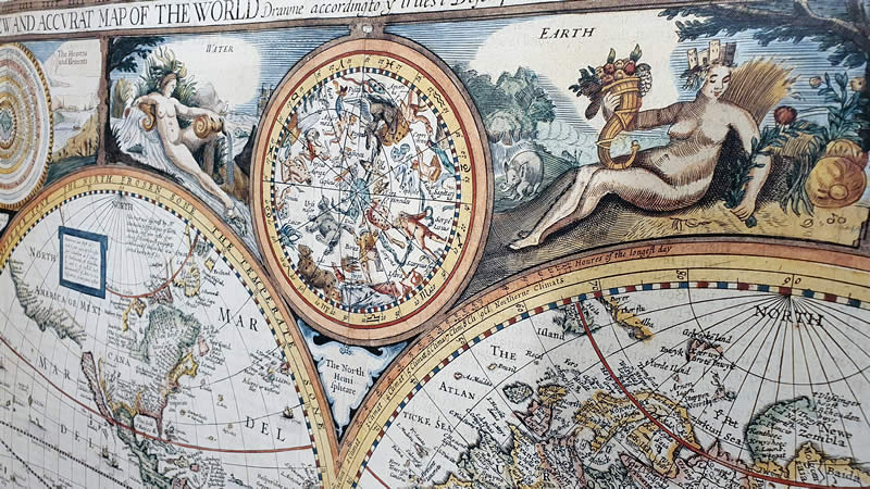 immagine di mappa murale mappa murale Mappa Antica del Mondo - elegante riproduzione di una stampa antica del 1651 - con rappresentazione degli emisferi, elementi e sfera celeste