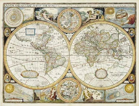 immagine di mappa murale mappa murale Mappa Antica del Mondo - elegante riproduzione di una stampa antica del 1651 - con rappresentazione degli emisferi, elementi e sfera celeste