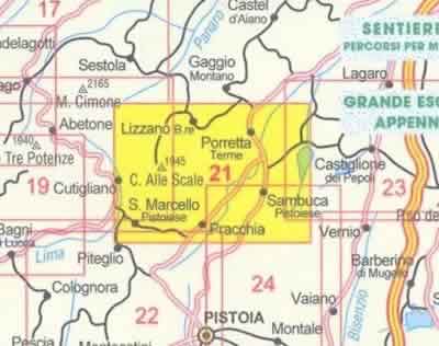 immagine di mappa topografica mappa topografica n.21 - Appennino Bolognese e Pistoiese - con Parco del Corno Alle Scale, Porretta Terme, Lizzano, S. Marcello, Sambuca