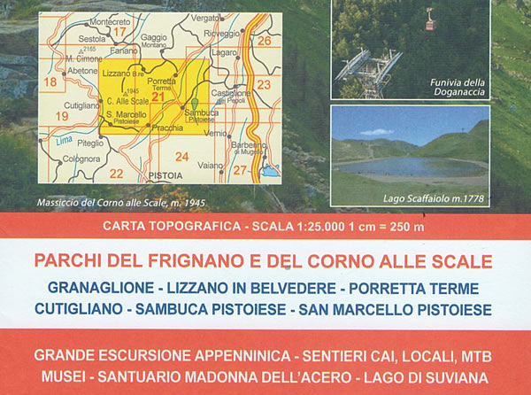 immagine di mappa topografica mappa topografica Appennino Bolognese e Pistoiese - mappa escursionistica n.21 - con sentieri CAI - con Parco del Corno Alle Scale, Porretta Terme, Lizzano, S. Marcello, Sambuca - edizione 2023