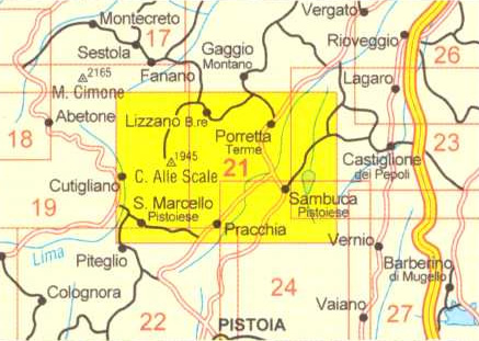 immagine di mappa topografica mappa topografica Appennino Bolognese e Pistoiese - mappa escursionistica n.21 - con sentieri CAI - con Parco del Corno Alle Scale, Porretta Terme, Lizzano, S. Marcello, Sambuca - edizione 2023