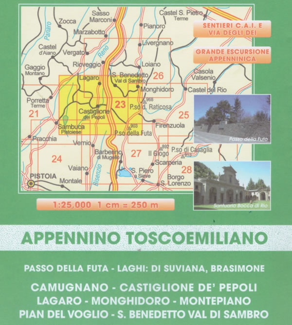 immagine di mappa topografica mappa topografica Appennino Bolognese e Pratese - mappa escursionistica n.23 - con sentieri CAI - Passo della Futa, Laghi di Suviana e Brasimone, Camugnano, Castiglione de' Pepoli, Lagaro, Monghidoro, Montepiano, Pian del Voglio, S.Benedetto Val di Sambro - edizione 2023