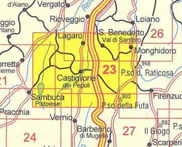 immagine di mappa topografica mappa topografica Appennino Bolognese e Pratese - mappa escursionistica n.23 - con sentieri CAI - Passo della Futa, Laghi di Suviana e Brasimone, Camugnano, Castiglione de' Pepoli, Lagaro, Monghidoro, Montepiano, Pian del Voglio, S.Benedetto Val di Sambro - edizione 2023