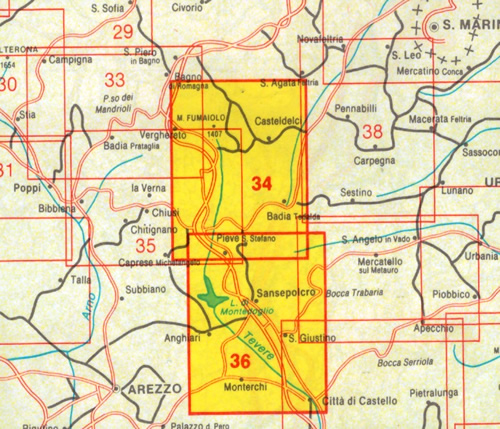 immagine di mappa topografica mappa topografica Appennino Cesenate, Val Tiberina - mappa escursionistica n.34/36 - Appennino Toscoromagnolo - Monterchi, Sansepolcro, Anghiari, Verghereto, Monte Fumaiolo, Casteldelci, Pieve S. Stefano, Badia Tedalda, S. Giustino, Città di Castello, Alfero, Le Balze - nuova edizione