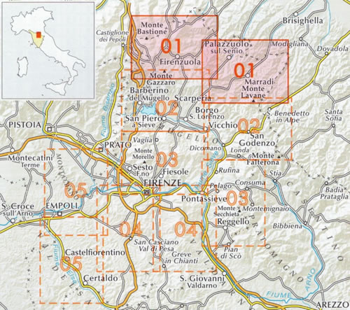 immagine di mappa topografica mappa topografica n.01 - Appennino Fiorentino - Via degli Dei, Alta Via dei Parchi, Cammino di Dante, Via Romea dei Guidi - con Firenzuola, Monte Bastione, Monte Gazzaro, Palazzuolo sul Senio, Marradi, Passo della Futa, Colla di Casaglia, Monte Lavane - carta escursionistica dei sentieri - con rifugi, sentieri CAI numerati, sorgenti, cascate, punti panoramici, aree pic-nic e campeggi