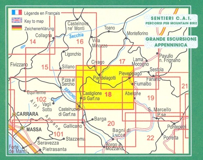 immagine di mappa topografica mappa topografica n.18 - Appennino Modenese e Garfagnana con Parco dell'Orecchiella, Villa Collemandina, Castiglione di G.na, Pieve Fosciana, Castelnuovo G.na, Fosciandora, Pievepelago, Riolunato, Fiumalbo, Abetone