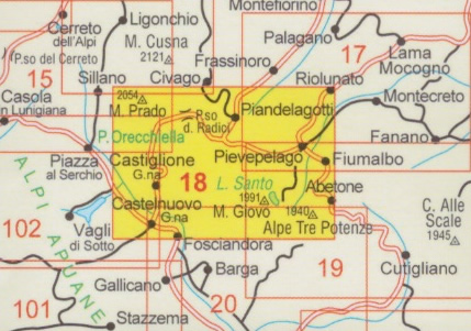 immagine di mappa topografica mappa topografica n.18 - Appennino Modenese e Garfagnana con Parco dell'Orecchiella, Villa Collemandina, Castiglione di G.na, Pieve Fosciana, Castelnuovo G.na, Fosciandora, Pievepelago, Riolunato, Fiumalbo, Abetone - nuova edizione