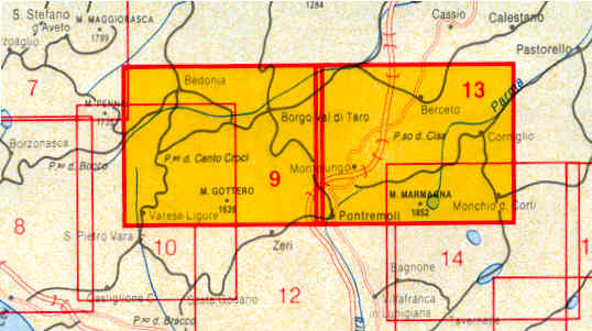 immagine di mappa topografica mappa topografica 9/13 - Appennino Parmense, Alta Lunigiana - con Bedonia, Pontremoli, Berceto, M. Gottero e M. Marmagna