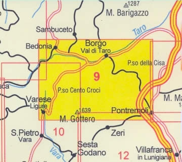 immagine di mappa topografica mappa topografica n.9 - Appennino Parmense e Alta Lunigiana - con Passi dei Cento Croci, Due Santi e Brattello, con Bedonia, Borgo Val di Taro, Pontremoli, Varese Ligure - nuova edizione