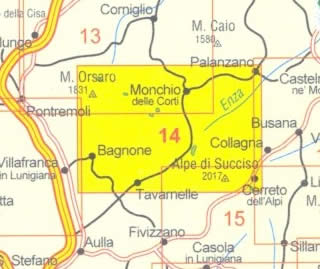 immagine di mappa topografica mappa topografica n.14 - Appennino Parmense - Reggiano e Alta Lunigiana - con passi del Cirone, Lagastrello, Cerreto, Monchio, Bagnone