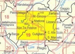 immagine di mappa topografica mappa topografica n.19 - Appennino Pistoiese e Modenese - con Abetone, Monte Cimone, Cutigliano, Pievepelago, Fiumalbo, S.Marcello Pistoiese, Fanano, Alpe Tre Potenze, Corno alle Scale