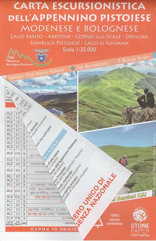 immagine di mappa topografica mappa topografica Appennino Pistoiese, Modenese e Bolognese - carta dei sentieri impermeabile e antistrappo, eco-friendly - con Lago Santo, Abetone, Corno alle Scale, Orsigna, Sambuca Pistoiese, Lago di Suviana, Alpe Tre Potenze, Monte Gomito, Cutigliano, S. Marcello Pistoiese - con rifugi, sentieri CAI numerati, percorsi MTB e GEA, sorgenti, aree di sosta - nuova edizione