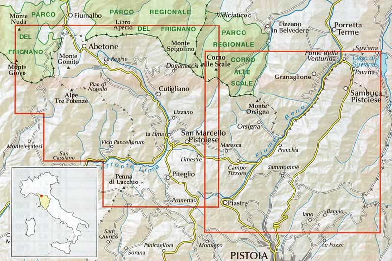 immagine di mappa topografica mappa topografica Appennino Pistoiese, Modenese e Bolognese - carta dei sentieri impermeabile e antistrappo, eco-friendly - con Lago Santo, Abetone, Corno alle Scale, Orsigna, Sambuca Pistoiese, Lago di Suviana, Alpe Tre Potenze, Monte Gomito, Cutigliano, S. Marcello Pistoiese - con rifugi, sentieri CAI numerati, percorsi MTB e GEA, sorgenti, aree di sosta - nuova edizione