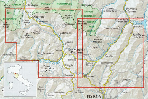 immagine di mappa topografica mappa topografica Appennino Pistoiese, Modenese e Bolognese - carta dei sentieri - con Lago Santo, Abetone, Corno alle Scale, Orsigna, Sambuca Pistoiese, Lago di Suviana, Alpe Tre Potenze, Monte Gomito, Cutigliano, S. Marcello Pistoiese - con rifugi, sentieri CAI numerati, percorsi MTB e GEA, sorgenti, aree di sosta - nuova edizione