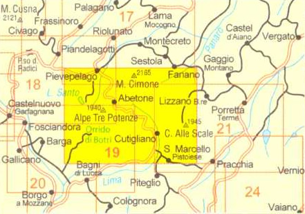 immagine di mappa topografica mappa topografica Appennino Pistoiese e Modenese - mappa escursionistica n.19 - con sentieri CAI - con Abetone, Monte Cimone, Cutigliano, Pievepelago, Fiumalbo, S.Marcello Pistoiese, Fanano, Alpe Tre Potenze, Corno alle Scale - edizione 2023