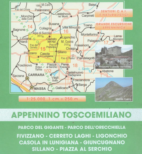 immagine di mappa topografica mappa topografica Appennino Reggiano, Lunigiana, Garfagnana - mappa escursionistica n.15 - con sentieri CAI - con Parco del Gigante, Parco dell'Orecchiella, Fivizzano, Cerreto Laghi, Ligonchio, Casola in L.na, Giuncugnano, Sillano, Piazza al Serchio - edizione 2023