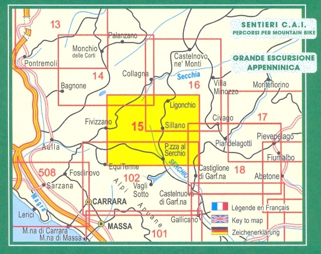 immagine di mappa topografica mappa topografica Appennino Reggiano, Lunigiana, Garfagnana - mappa escursionistica n.15 - con sentieri CAI - con Parco del Gigante, Parco dell'Orecchiella, Fivizzano, Cerreto Laghi, Ligonchio, Casola in L.na, Giuncugnano, Sillano, Piazza al Serchio - edizione 2023