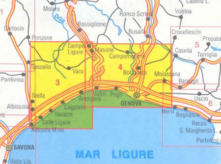 immagine di mappa topografica mappa topografica n.3/4 - Appennino e Riviera Genovese - con Riviera di Ponente, da Genova ad Albissola, Parco regionale del Monte Beigua, Alta Via dei Monti Liguri
