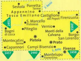immagine di mappa topografica mappa topografica n.2452 - Appennino Tosco Emiliano - con Firenze, Pistoia, Prato, Porretta Terme, Castiglione dei Pepoli, Firenzuola, Vernio, Borgo San Lorenzo, Montelupo F.no, Capannori, Bagni di Lucca - mappa plastificata, compatibile con sistemi GPS - nuova edizione
