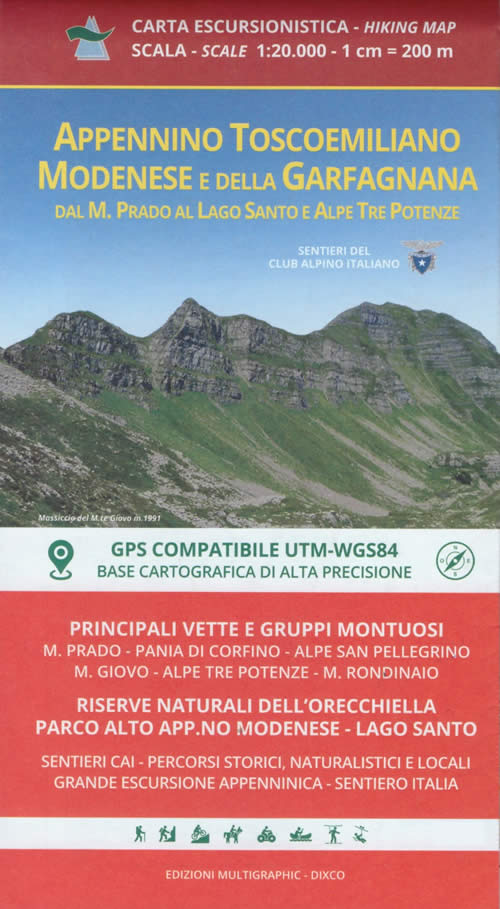 immagine di mappa topografica mappa topografica Appennino Tosco-Emiliano, Modenese, Garfagnana - mappa escursionistica n.18 - con sentieri CAI - con Parco dell'Orecchiella, Monte Prado, Villa Collemandina, Castiglione di Garfagnana, Pieve Fosciana, Castelnuovo di Garfagnana, Lago Santo, Fosciandora, Pievepelago, Riolunato, Fiumalbo, Abetone, Monte Giovo, Alpe San Pellegrino, Alpe Tre Potenze - edizione 2025