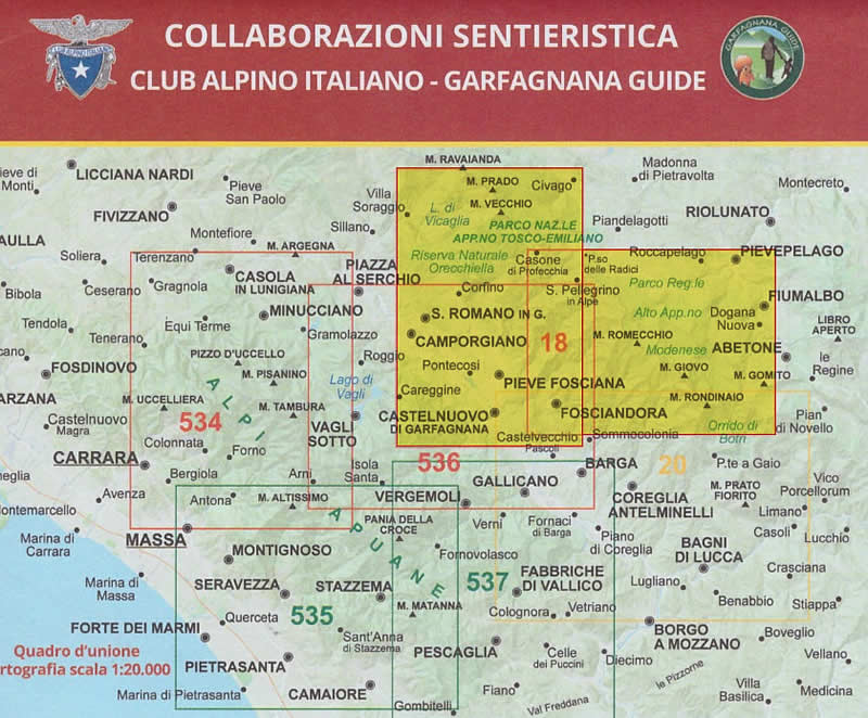 immagine di mappa topografica mappa topografica Appennino Tosco-Emiliano, Modenese, Garfagnana - mappa escursionistica n.18 - con sentieri CAI - con Parco dell'Orecchiella, Monte Prado, Villa Collemandina, Castiglione di Garfagnana, Pieve Fosciana, Castelnuovo di Garfagnana, Lago Santo, Fosciandora, Pievepelago, Riolunato, Fiumalbo, Abetone, Monte Giovo, Alpe San Pellegrino, Alpe Tre Potenze - edizione 2025
