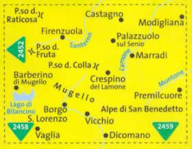 immagine di mappa topografica mappa topografica n.2453 - Appennino Tosco Romagnolo, Mugello, Borgo San Lorenzo, Firenzuola, Vicchio, Alpe di San Benedetto, Castagno, Passo Raticosa, Lago di Bilancino, Marradi, Vaglia - mappa plastificata, compatibile con sistemi GPS - nuova edizione