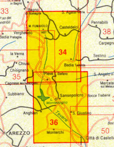 immagine di mappa topografica mappa topografica 34/36 - Appennino Toscoromagnolo - Appennino Cesenate, Val Tiberina, Monterchi, Sansepolcro, Anghiari, Verghereto, Monte Fumaiolo, Casteldelci, Pieve S. Stefano, Badia Tedalda, S. Giustino, Città di Castello, Alfero, Le Balze