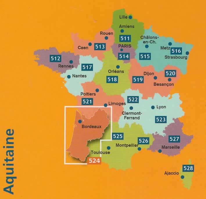 immagine di mappa stradale mappa stradale n. 524 - Aquitania / Aquitaine - con Bordeaux, Libourne, Blaye, Arcachon, Lesparre-Medoc, Langon, Marmande, Bergerac, Périgueux, Nontron, Sarlat-la-Canéda, Villeneuve-sur-Lot, Agen, Nerac, Mont-de-Marsan, Dax, Bayonne, Pau, Oloron-Sainte-Marie - mappa stradale con stazioni di servizio e autovelox - nuova edizione