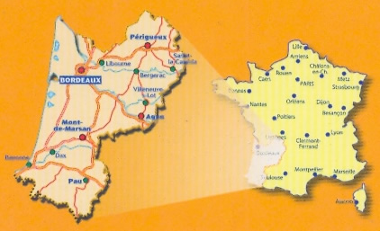 immagine di mappa stradale mappa stradale n. 524 - Aquitania / Aquitaine - con Bordeaux, Libourne, Blaye, Arcachon, Lesparre-Medoc, Langon, Marmande, Bergerac, Périgueux, Nontron, Sarlat-la-Canéda, Villeneuve-sur-Lot, Agen, Nerac, Mont-de-Marsan, Dax, Bayonne, Pau, Oloron-Sainte-Marie - mappa stradale con stazioni di servizio e autovelox