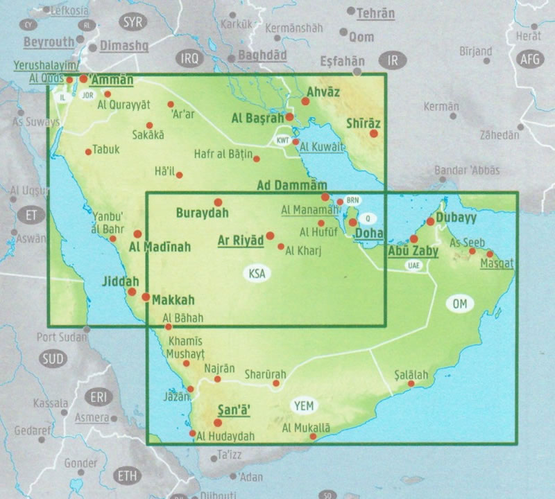 immagine di mappa stradale mappa stradale Arabia Saudita - con Qatar, Emirati Arabi Uniti, Oman, Yemen, Kuwait - con Riyad, La Mecca, Gedda, Qatif, Sakaka, Tabūk, Al-Madina, Al Hufuf, Buraydah, Al Khamasin - edizione 2025
