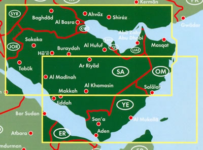 immagine di mappa stradale mappa stradale Arabia Saudita, Qatar, Emirati Arabi Uniti, Oman, Yemen, Kuwait - con Riyad, La Mecca, Gedda, Qatif, Sakaka, Tabūk, Al-Madina, Al Hufuf, Buraydah, Al Khamasin