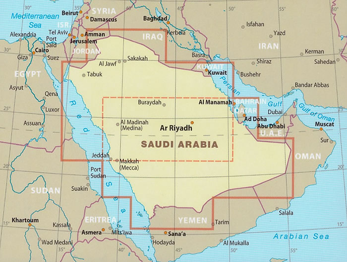 immagine di mappa stradale mappa stradale Arabia Saudita / Saudi Arabia - con Riad, La Mecca, Gedda, Qatif - mappa stradale - impermeabile e antistrappo - EDIZIONE Settembre 2023
