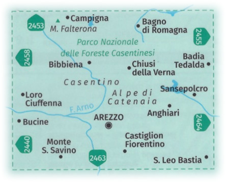 immagine di mappa topografica mappa topografica n.2459 - Arezzo, Casentino, Parco Nazionale Foreste Casentinesi, Monte Falterona, Campigna, Cortona, Bibbiena, Monte S. Savino, Loro Ciuffenna, Chiusi della Verna, Anghiari, Castiglion Fiorentino, Sansepolcro - mappa plastificata, compatibile con GPS - edizione 2022