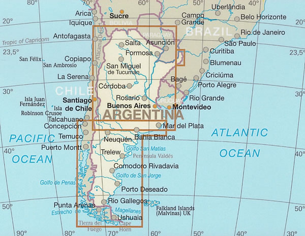 immagine di mappa stradale mappa stradale Argentina - con Tierra del Fuego/Terra del Fuoco, Santa Cruz, Chubut, Rio Negro, La Pampa, Buenos Aires, San Luis, Cordoba, La Rioja, Santa Fe, Tucuman, Le Ande - mappa stradale - impermeabile e antistrappo - EDIZIONE 2026