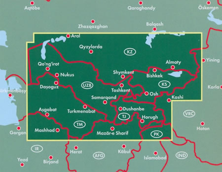 immagine di mappa stradale mappa stradale Asia Centrale - Kyrgyzstan, Sud del Kazakhstan, Tajikistan, Turkmenistan, Uzbekistan - con Aral, Qyzylorda, Shymkent, Almaty, Bishkek, Toshkent, Osh, Kashi, Nukus, Samarcanda, Dushanbe, Horugh, Turkmenabat, Asgabat, Dasoguz, Mazar-i-Sharif - edizione 2014