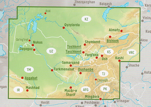 immagine di mappa stradale mappa stradale Asia Centrale - Kyrgyzstan, Sud del Kazakhstan, Tajikistan, Turkmenistan, Uzbekistan - con Aral, Qyzylorda, Shymkent, Almaty, Bishkek, Toshkent, Osh, Kashi, Nukus, Samarcanda, Dushanbe, Horugh, Turkmenabat, Asgabat, Dasoguz, Mazar-i-Sharif - edizione 2025
