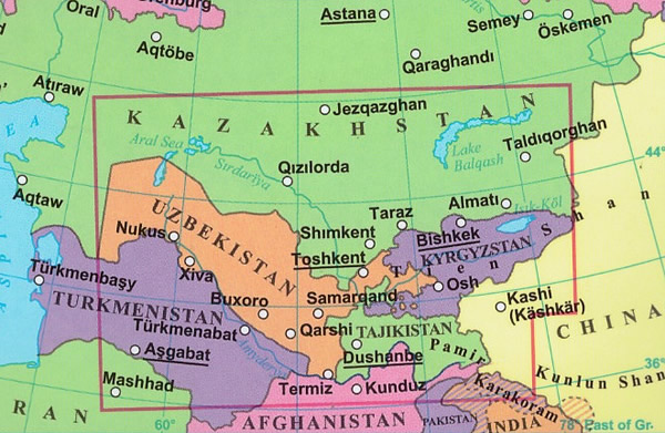 immagine di mappa stradale mappa stradale Asia Centrale - Kyrgyzstan, Sud del Kazakhstan, Tajikistan, Turkmenistan, Uzbekistan - con Aral, Qyzylorda, Shymkent, Almaty, Bishkek, Toshkent, Osh, Kashi, Nukus, Samarcanda, Dushanbe, Horugh, Turkmenabat, Asgabat, Dasoguz, Mazar-i-Sharif - nuova edizione