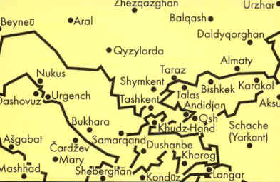 immagine di mappa stradale mappa stradale Asia Centrale, Kyrgyzstan, Southern Kazakhstan, Tajikistan, Turkmenistan, Uzbekistan