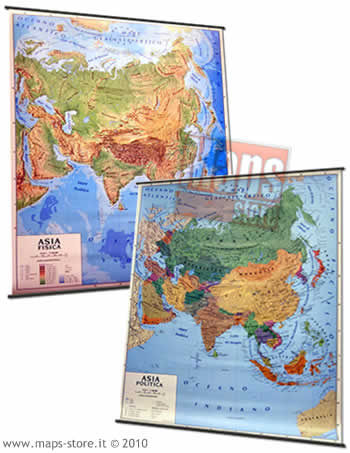 immagine di mappa murale mappa murale Asia - mappa murale plastificata con aste - cartografia fisica e politica (stampata fronte/retro) - 128 x 102 cm