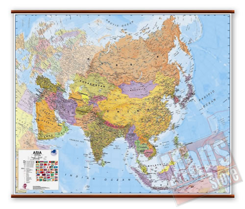 immagine di mappa murale mappa murale Asia - mappa murale plastificata, laminata, scrivibile e lavabile, con aste in legno e ganci in acciaio - con cartografia dettagliatissima fisico-politica - 125 x 100 cm - nuova edizione