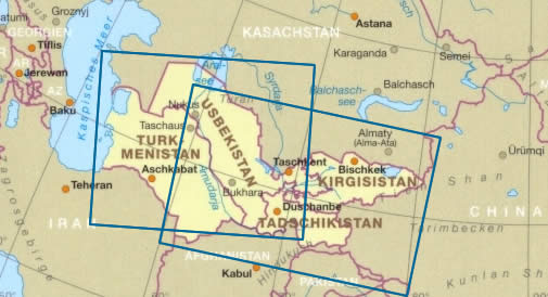 immagine di mappa stradale mappa stradale Asia Centrale - con Uzbekistan, Turkmenistan, Kyrgyzstan, Tajikistan - mappa impermeabile e antistrappo