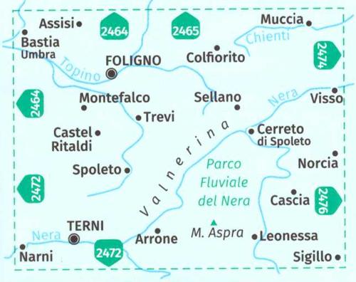 immagine di mappa topografica mappa topografica n.2473 - Assisi, Foligno, Spoleto, Terni, Valnerina, Norcia, Cascia, Colfiorito, Montefalco, Spoleto, Cerreto, Arrone, M. Aspra, Trevi, Castel Ritaldi, Muccia, Bastia Umbra, Parco Fluviale del Nera, Leonessa, Arrone - mappa plastificata - compatibile con GPS - Edizione 2024