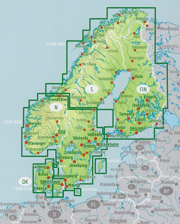 immagine di atlante stradale atlante stradale Atlante Stradale a Spirale della Scandinavia - Danimarca, Norvegia, Svezia, Finlandia - con mappe di città, informazioni stradali, campeggi, aree di sosta, parchi, riserve naturali, luoghi panoramici - EDIZIONE 2025