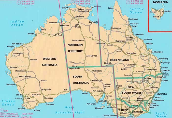 immagine di mappa stradale mappa stradale Australia - con Tasmania, Queensland, New South Wales, Australia centrale e dell'ovest, Canberra, Sydney, Melbourne, Victoria, Brisbane, Perth, Adelaide, Darwin, Hobart, Newcastle, Wollongong, Geelong - cartografia con una ricca simbologia stradale facile da consultare + parchi, riserve naturali e luoghi panoramici + tabella scorrevole per le distanze stradali - EDIZIONE Luglio 2023