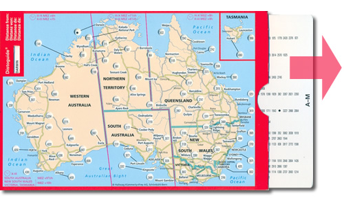 immagine di mappa stradale mappa stradale Australia - con Tasmania, Queensland, New South Wales, Australia centrale e dell'ovest, Canberra, Sydney, Melbourne, Victoria, Brisbane, Perth, Adelaide, Darwin, Hobart, Newcastle, Wollongong, Geelong - cartografia con una ricca simbologia stradale facile da consultare + parchi, riserve naturali e luoghi panoramici + tabella scorrevole per le distanze stradali