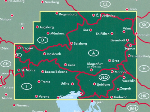 immagine di mappa stradale mappa stradale Austria / Österreich, Slovenia e Italia Nord-Est (con Bolzano, Trento, Udine, Trieste, Venezia) - con Vienna, St. Pölten, Linz/Lienz, Salisburgo (Salzburg), Innsbruck, Bregenz, Klagenfurt, Graz, Eisenstadt, Wels, Villaco (Villach) - con percorsi panoramici, parchi e riserve naturali - edizione 2019